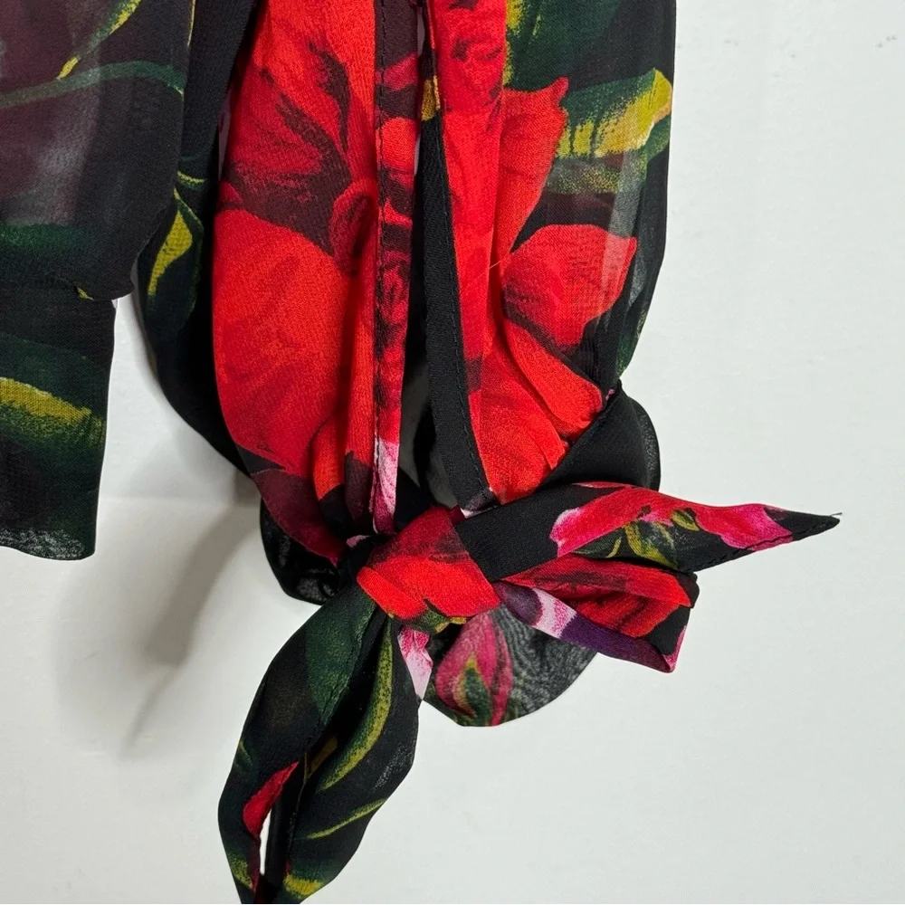 New York & Co 7th Avenue Design Studio Black & Pink Floral Print Sleeve Blouse - Picture 7 of 9